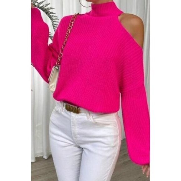 Vibrant Hot Pink Cut Out Shoulder Sweater - Picture 2 of 5